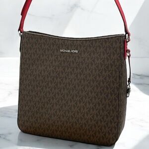 Michael Kors Brown and Red Crossbody Bag with Monogram Print